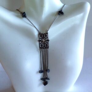 VINTAGE FILIGREE BLACK  HEMATITE   CUT OUT FLOWERS PENDANT NECKLACE 19" LONG